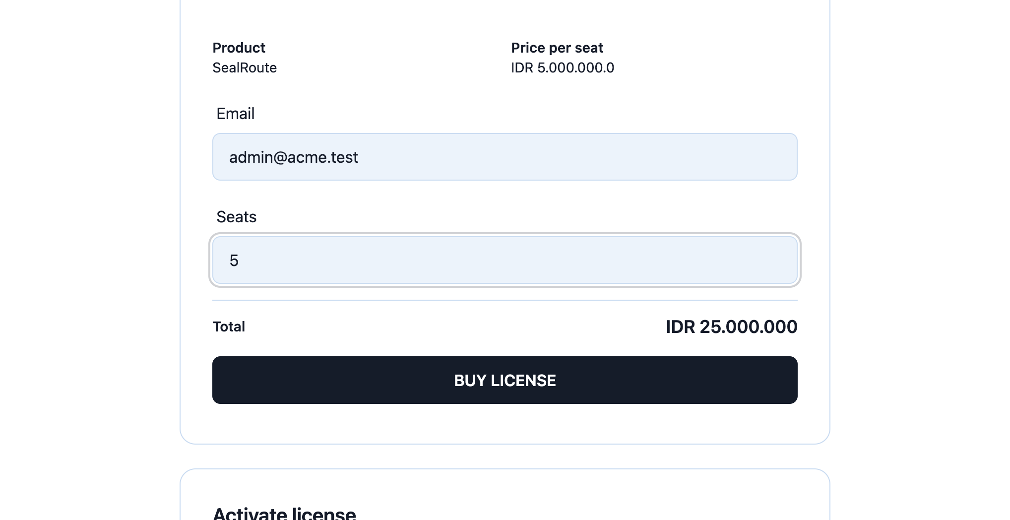 Buy license card with seats set to 5 and total recalculated to IDR 7.495.000